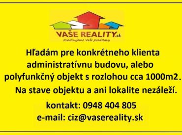 Kúpime administratívnu budovu, alebo polyfunkčný objekt s rozlohou približne 1000m2 v Bratislave