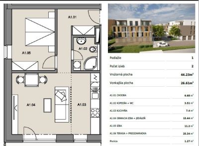 Byty Ruppeldtova: Na predaj 2 izbový byt v novostavbe s terasou a predzáhradkou 27 m2 , Martin - širšie centrum