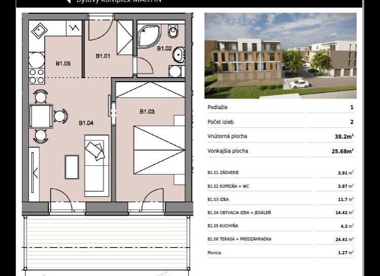 Byty Ruppeldtova: Na predaj 2 izbový byt B1 v novostavbe s terasou a predzáhradkou 26 m2 , Martin - širšie centrum