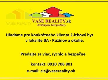 Hľadáme pre klienta 2-izbový byt, Ružinov a okolie