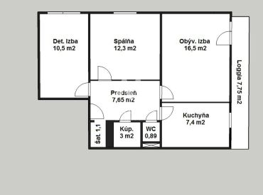 Slnečný 3 izbový byt (61 m2) s veľkou loggiou (7,75 m2) v pôvodnom stave.