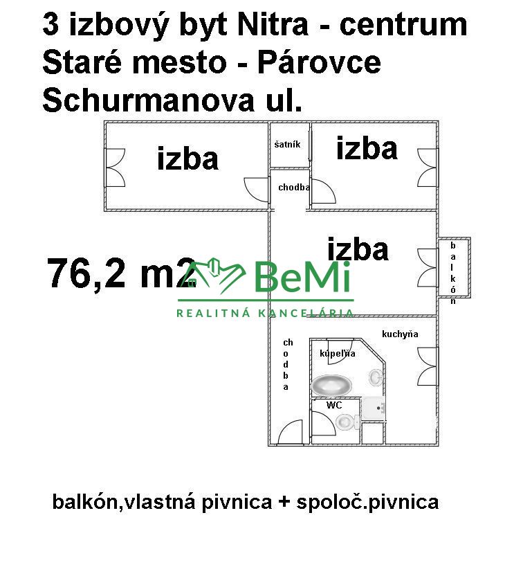 3 izbový byt 76,2 m2 Nitra centrum Staré mesto Schurmannova ul. ID 480-113-MIG