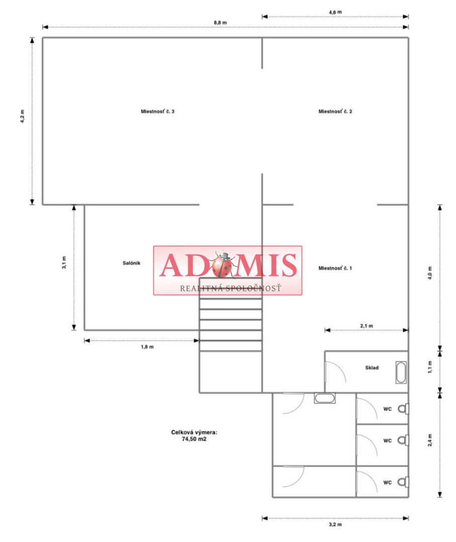 ADOMIS - Priestory na prenájom v centre, suterén Mäsiarska ulica vo dvore Košice 84 m2