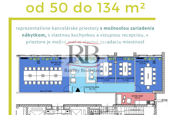 Reprezentatívny priestor s kuchynkou a parkovaním, 134m2 v Office Centre Jarošova, BAIII