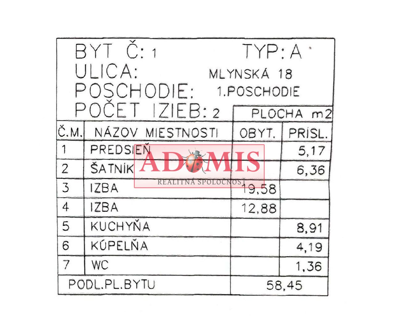 ADOMIS - Predám 2-izbový byt 60m2 Mlynská ul., Košice centrum, parkovanie vo dvore