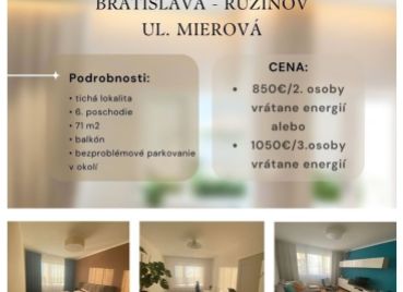 Na prenájom štýlový 3-izbový byt, Mierová, Bratislava - Ružinov.